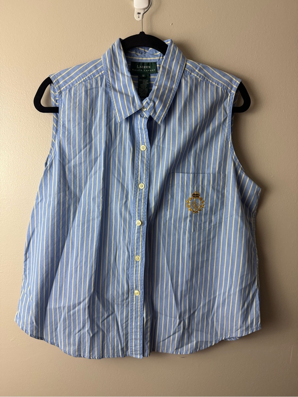 Lauren Ralph Lauren Sleeveless Blue Yellow Stripe Button-Up Cotton Shirt Size 16
